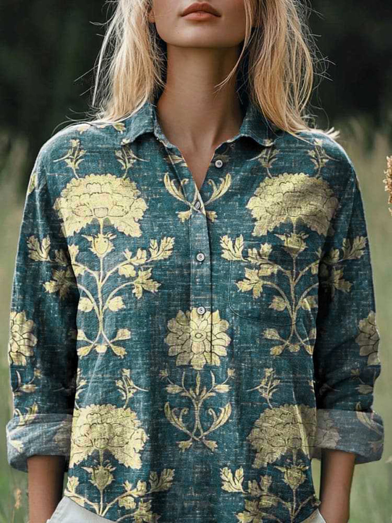 New Casual Printed Floral Button Polo Collar Top Shirt For Women by Glamytek