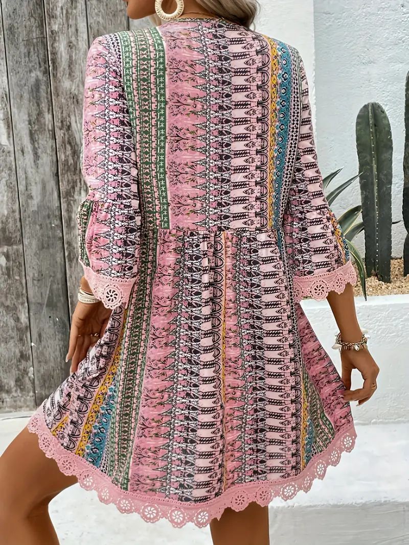 Bohemian Style V-neck Printed Dress Fashion Casual Loose Beach Dresses For Women by Glamytek