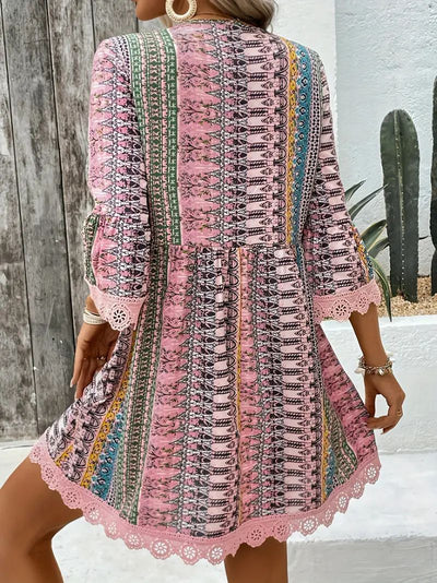 Bohemian Style V-neck Printed Dress Fashion Casual Loose Beach Dresses For Women by Glamytek