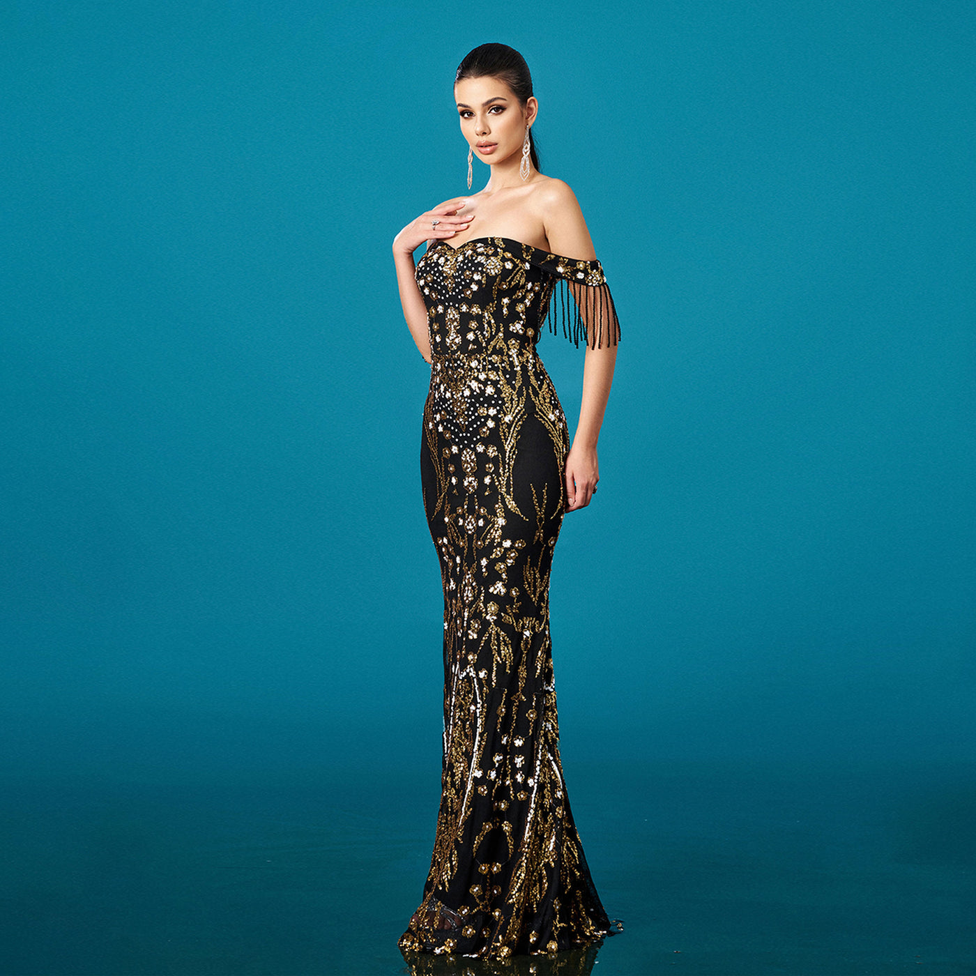 Off-neck Tassel Sequined Fishtail Evening Dress For Banquet by Glamytek