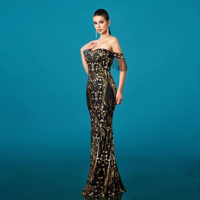 Off-neck Tassel Sequined Fishtail Evening Dress For Banquet by Glamytek