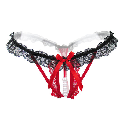 Sexy transparent lace low-rise pearl thong