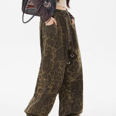 Leopard Print Women's Design Elastic Waist Loose Wide Leg Pants by Glamytek