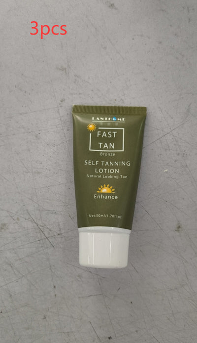 50ml self-tanning lotion tube labeled Fast Tan Bronze on a green tube with white cap.