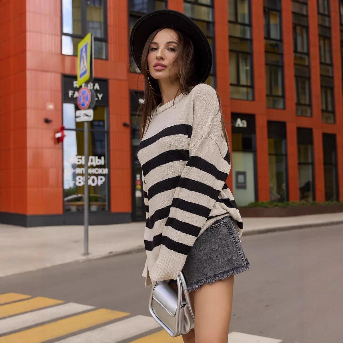 Casual Striped Loose Crew Neck Pullover Sweater Coat by Glamytek