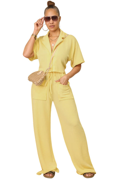 Shirt collar top, long casual wide-leg pants set