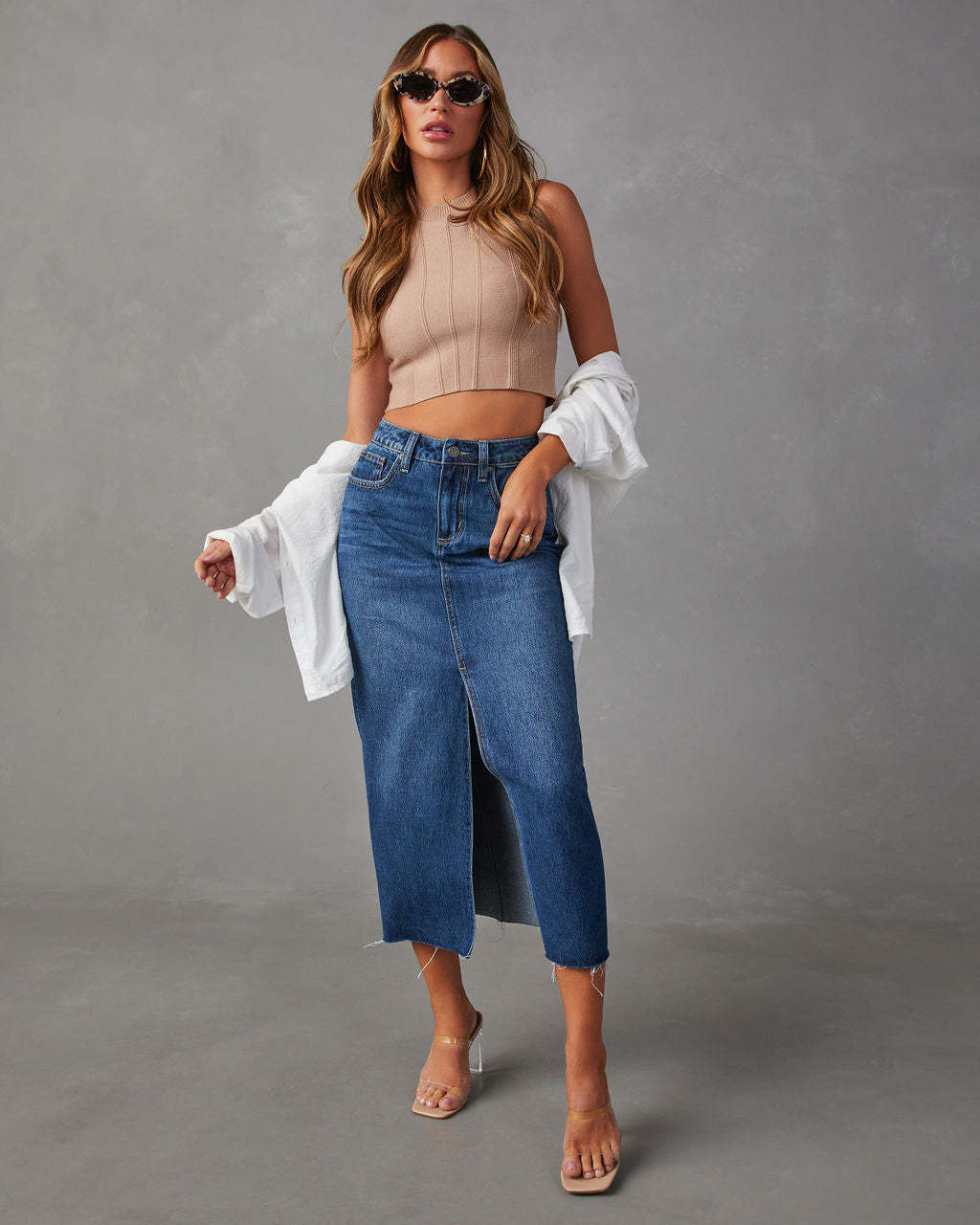 Stylish A-line Denim Skirt with Side Slit by Glamytek