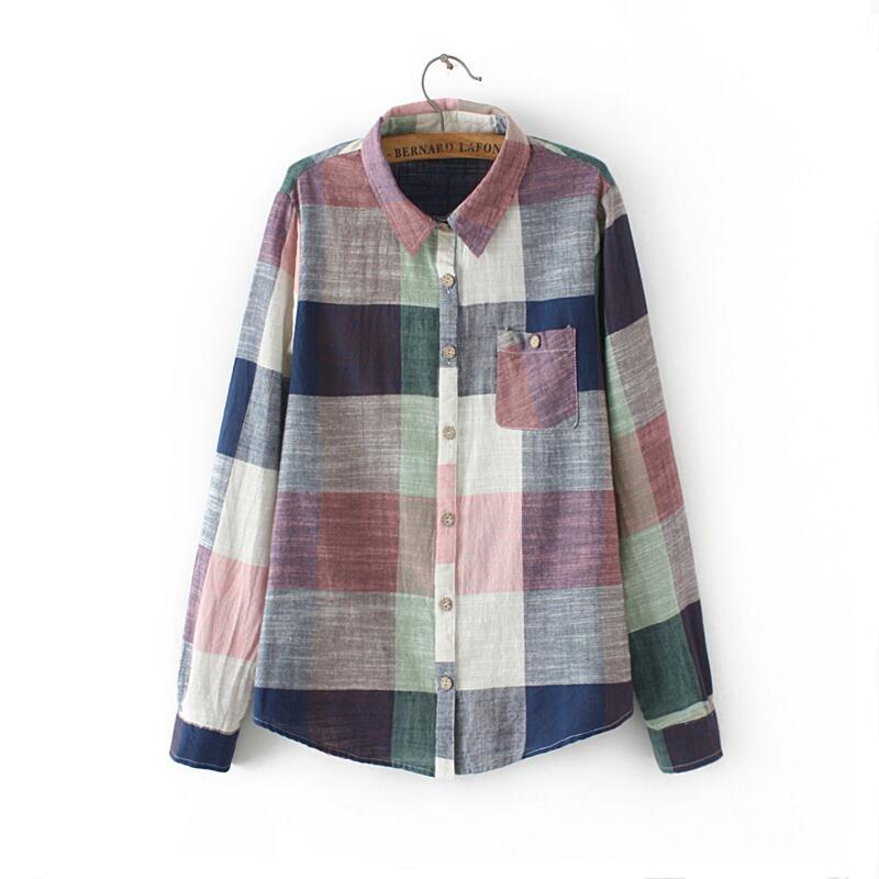 asual Plaid Women Blouses Kimono Vintage Linen Cotton Long Sleeve Blouse Female Shirts Tops by Glamytek