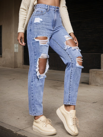 2025 Women's New Jeans, High Waist Piercing, Straight Fit, Casual Street Style, Fashionable And Versatile, Women's Wear by Glamytek