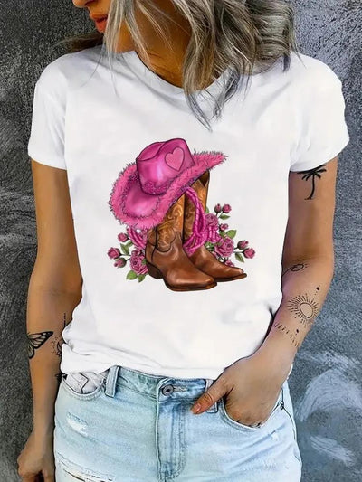 Cowgirl Floral Print T-shirts Women Summer Tshirt Lady Rive by Glamytek