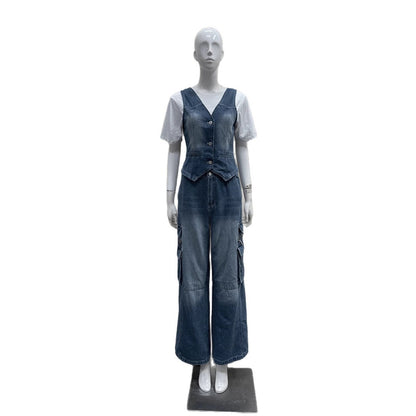 Wide-leg jeans vest-style jacket set for women