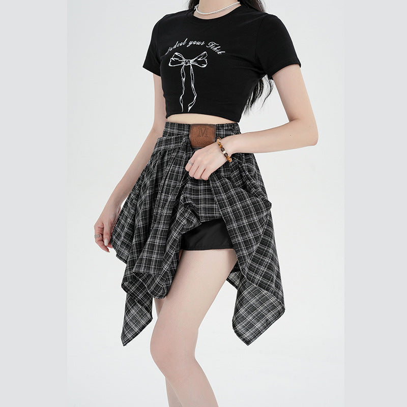 Asymmetrical Plaid A-Line Skirt with Tie Straps by Glamytek