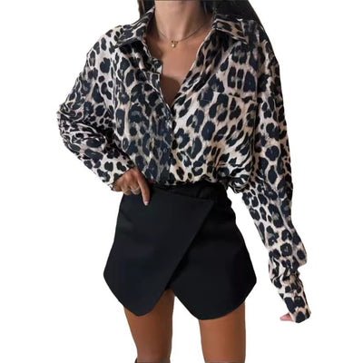 Vintage Leopard Print Lapel Single Breasted Loose Casual Long Sleeves Shirt by Glamytek