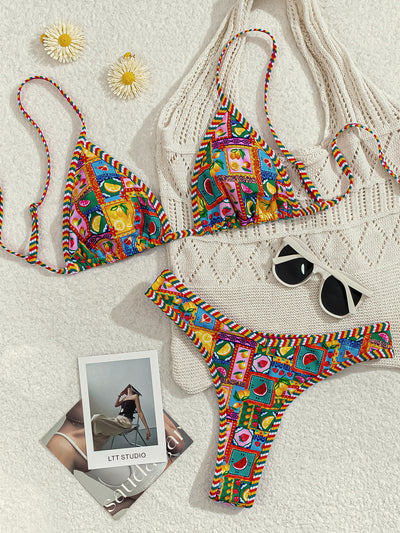 Contrasting-color printed lace-up sexy two-piece swimsuit by Glamytek