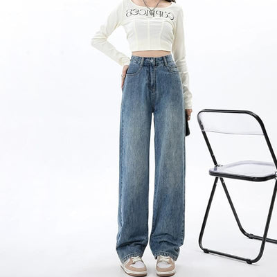 Simple All-matching Wide Leg Jeans For Women Spring And Autumn New High Waist by Glamytek