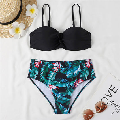Women's High Waist Bikini Swimsuit with Steel Bracket - Sexy Leopard Print & Floral Design