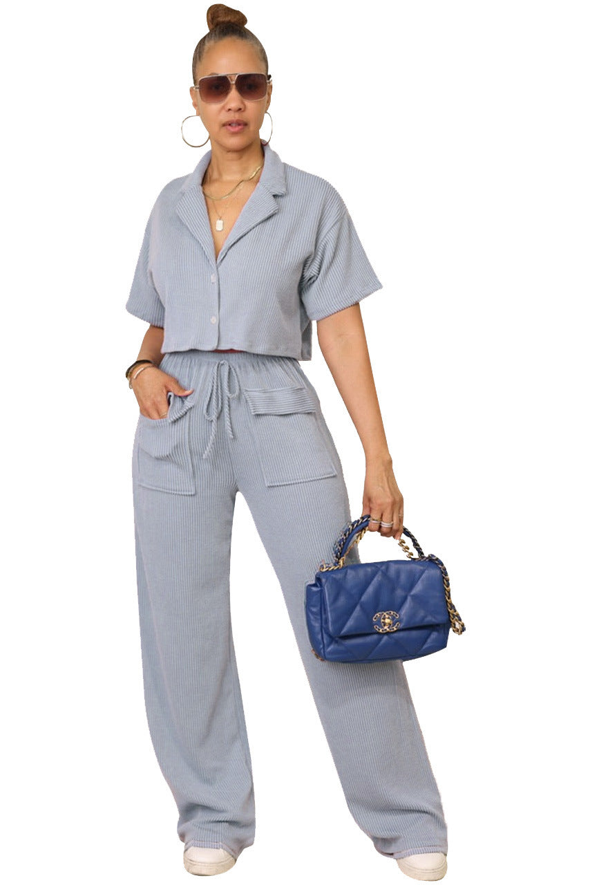 Shirt collar top, long casual wide-leg pants set