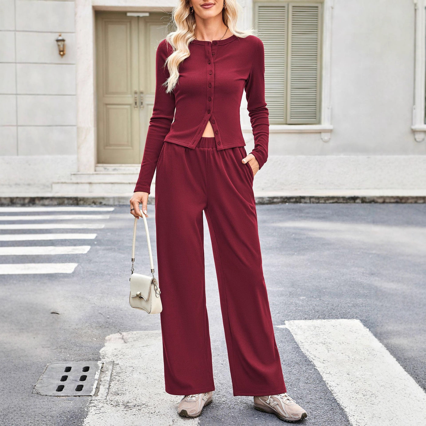 Top Elastic Waist Wide Leg Pants Suit by Glamytek