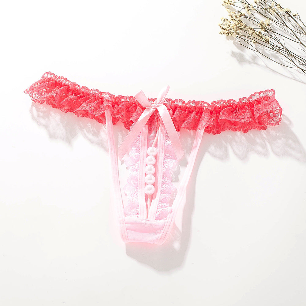 Sexy transparent lace low-rise pearl thong