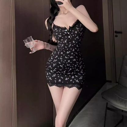 Pure Girl Black Butterfly Lace Modal Sexy Slip Nightgown