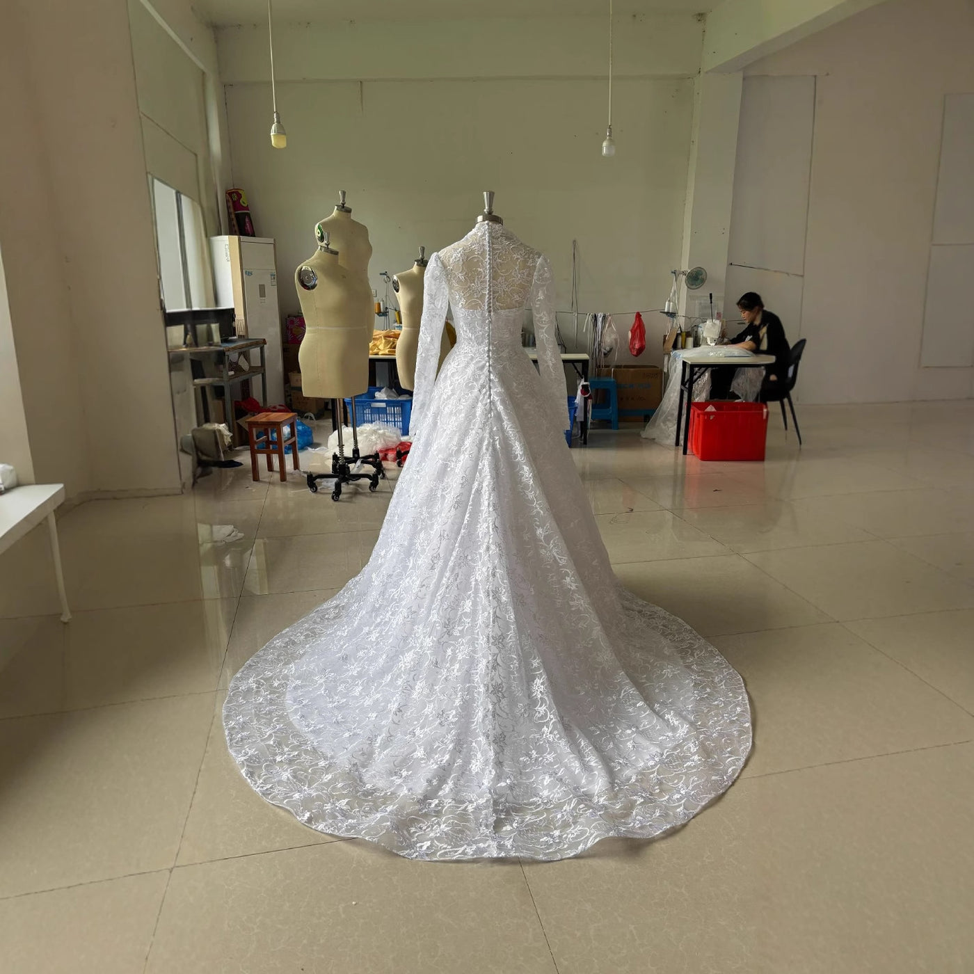 Embroidered Long Sleeve Trailing Wedding Dress by Glamytek