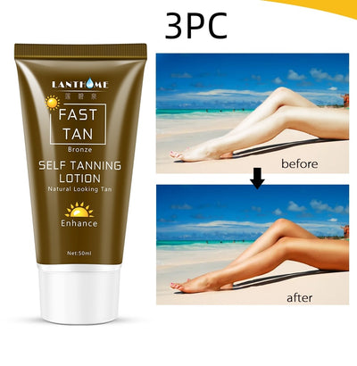 Tanning Cream Body Lotion 50ml self tanning lotion for bronzing; before/after legs show bronze glow
