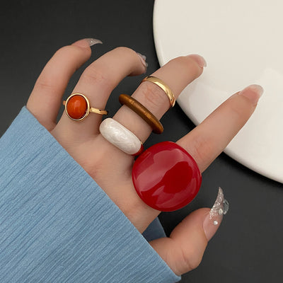 New Trendy Rings Set For Women Exaggerated Red Resin Enamel Wooden Geometric Finger Ring Punk Fashion Jewelry by Glamytek