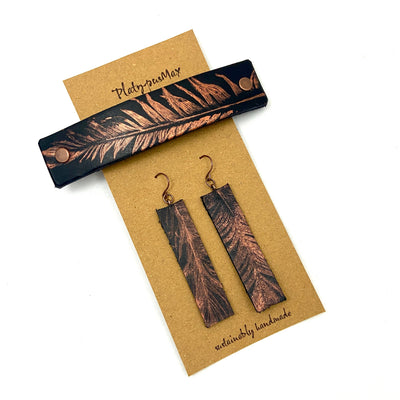 Copper Feather on Black Leather Barrette and Earring Gift Set by Glamytek