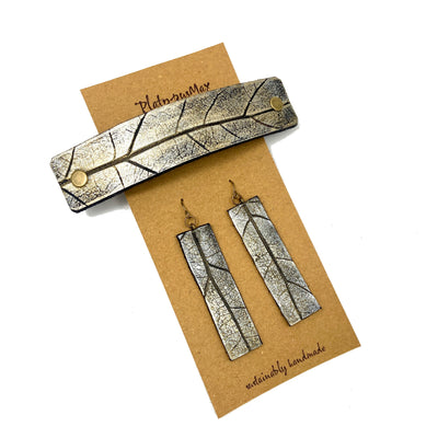 Silvery Gold Oak Leaf Imprint Barrette and Earring Gift Set by Glamytek