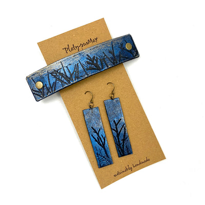 Moonlit Forest Trees Blue & Gold Barrette and Earring Gift Set by Glamytek