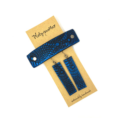 Cobalt Blue & Black Lace Texture Barrette and Earring Gift Set by Glamytek