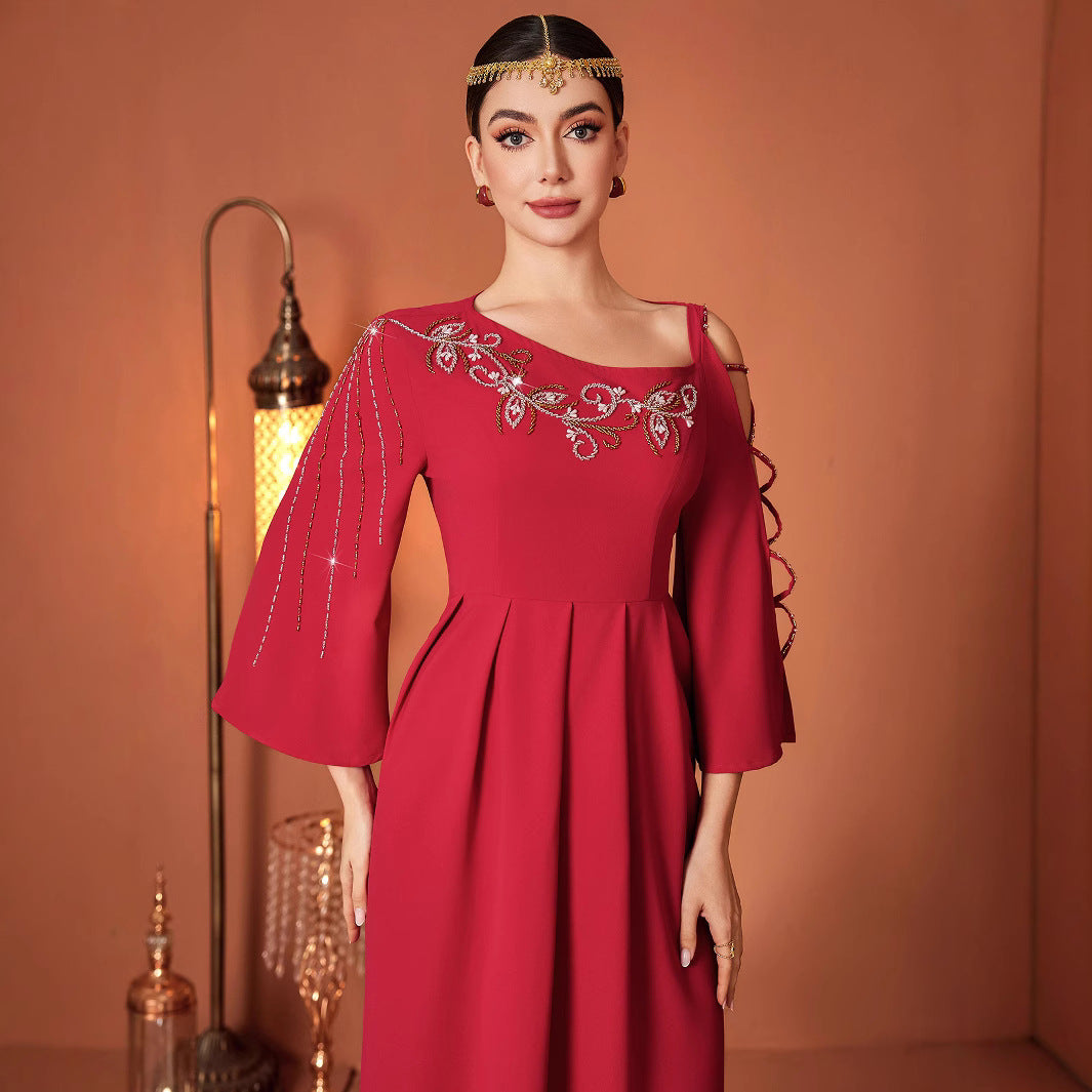 Red Designer Model Heavy Industry Hand Sewing Drill Off-the-shoulder Dress by Glamytek