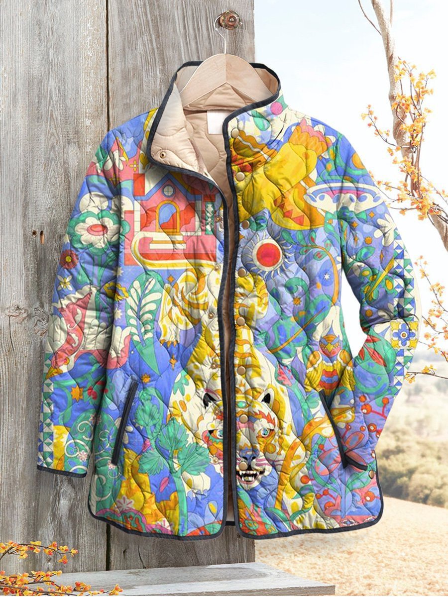 Women's Fashion Tuck Cotton Digital Printed Cotton-padded Jacket