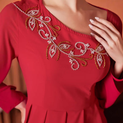 Red Designer Model Heavy Industry Hand Sewing Drill Off-the-shoulder Dress by Glamytek