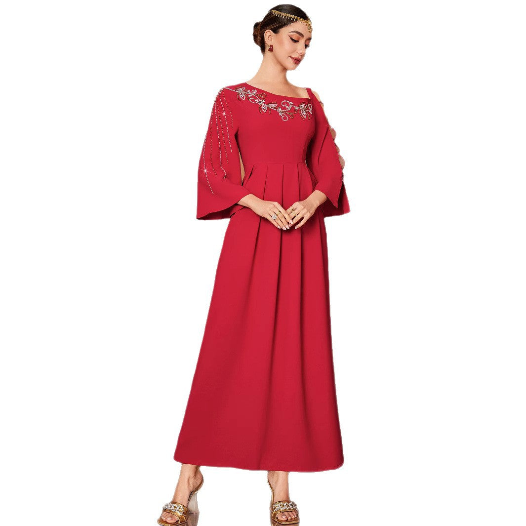 Red Designer Model Heavy Industry Hand Sewing Drill Off-the-shoulder Dress by Glamytek