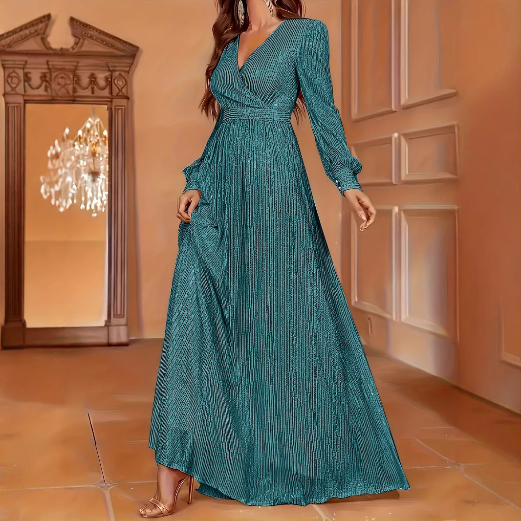 Elegant Dinner Sequined Long Sleeve V-neck High Waist Evening Dress by Glamytek