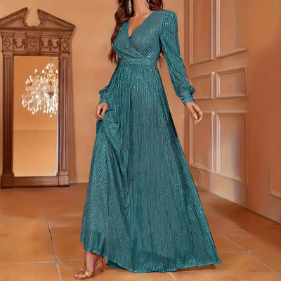 Elegant Dinner Sequined Long Sleeve V-neck High Waist Evening Dress by Glamytek