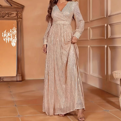 Elegant Dinner Sequined Long Sleeve V-neck High Waist Evening Dress by Glamytek