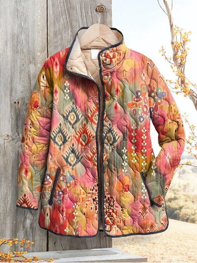 Women's Fashion Tuck Cotton Digital Printed Cotton-padded Jacket