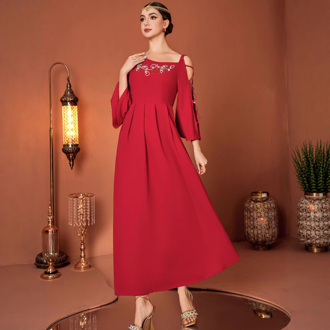 Red Designer Model Heavy Industry Hand Sewing Drill Off-the-shoulder Dress by Glamytek