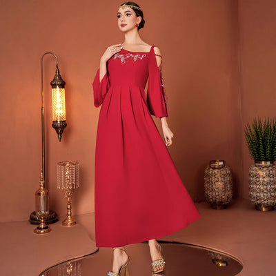 Red Designer Model Heavy Industry Hand Sewing Drill Off-the-shoulder Dress by Glamytek