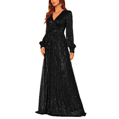 Elegant Dinner Sequined Long Sleeve V-neck High Waist Evening Dress by Glamytek