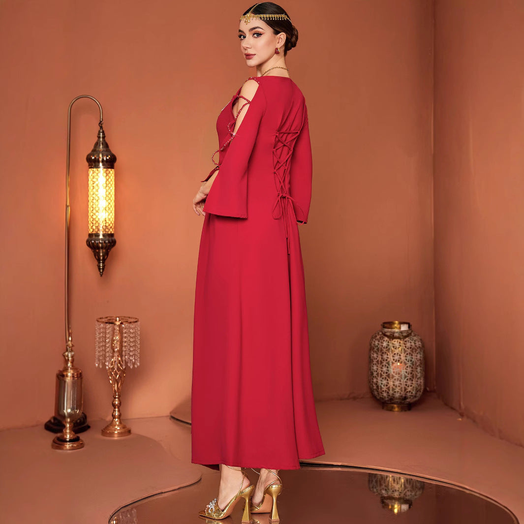 Red Designer Model Heavy Industry Hand Sewing Drill Off-the-shoulder Dress by Glamytek