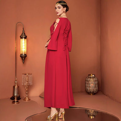 Red Designer Model Heavy Industry Hand Sewing Drill Off-the-shoulder Dress by Glamytek