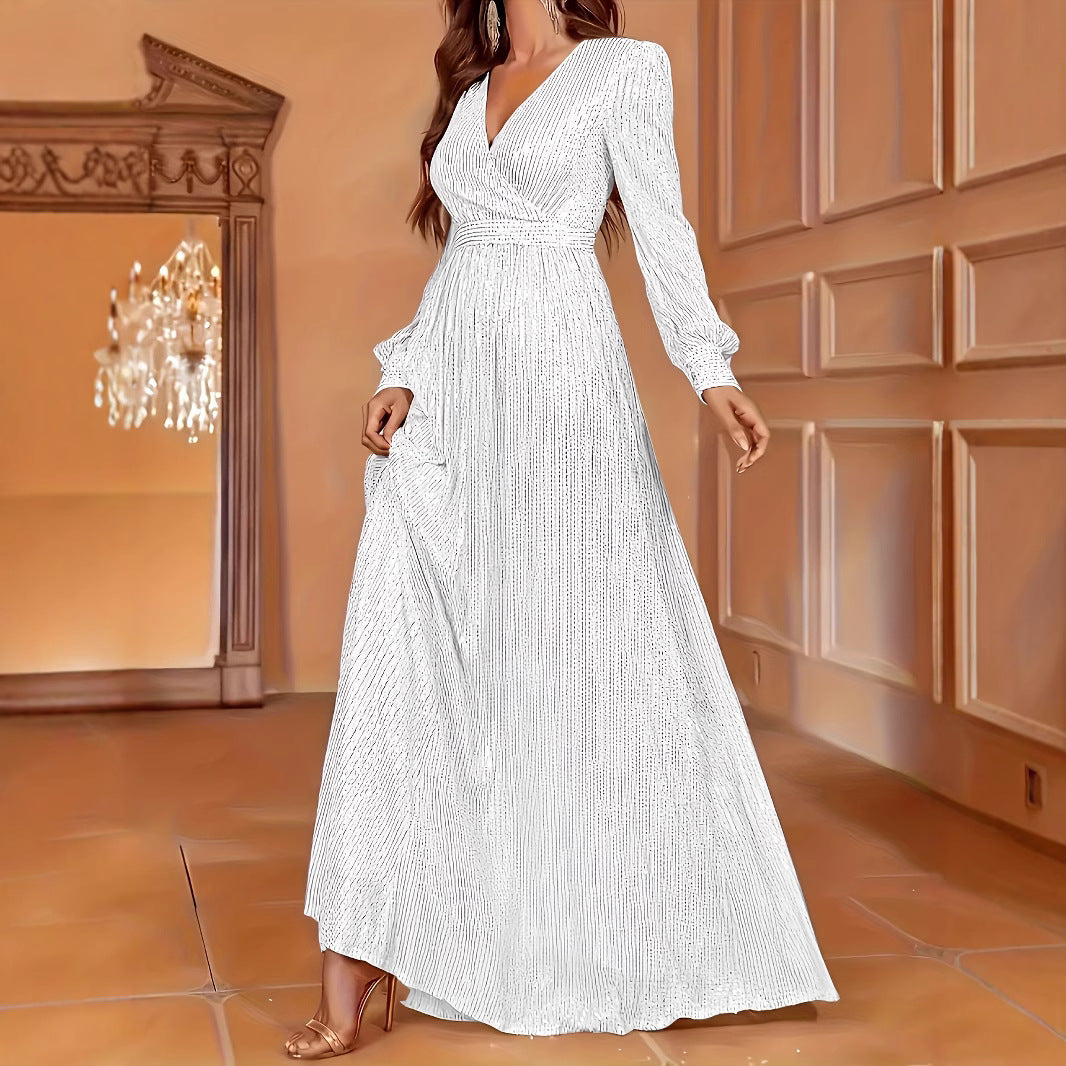 Elegant Dinner Sequined Long Sleeve V-neck High Waist Evening Dress by Glamytek