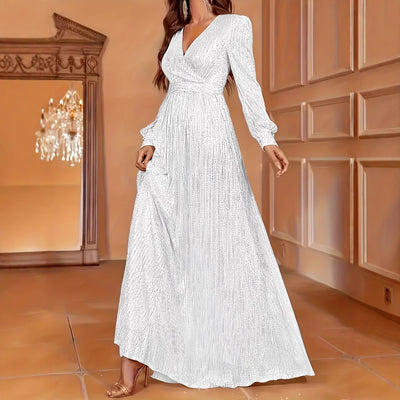 Elegant Dinner Sequined Long Sleeve V-neck High Waist Evening Dress by Glamytek
