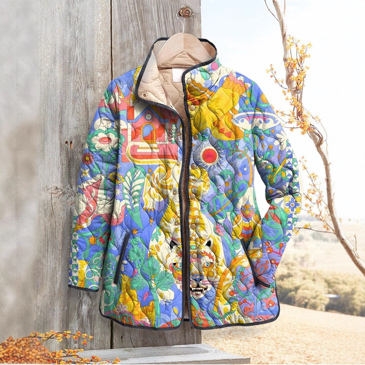 Women's Fashion Tuck Cotton Digital Printed Cotton-padded Jacket