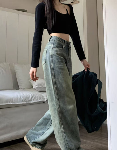 2025 New Retro Style, Washed Plain Loose Fit, Casual Style, Zipper Button Closure Jeans, Suitable For All Seasons, Versatile And Error Free. by Glamytek