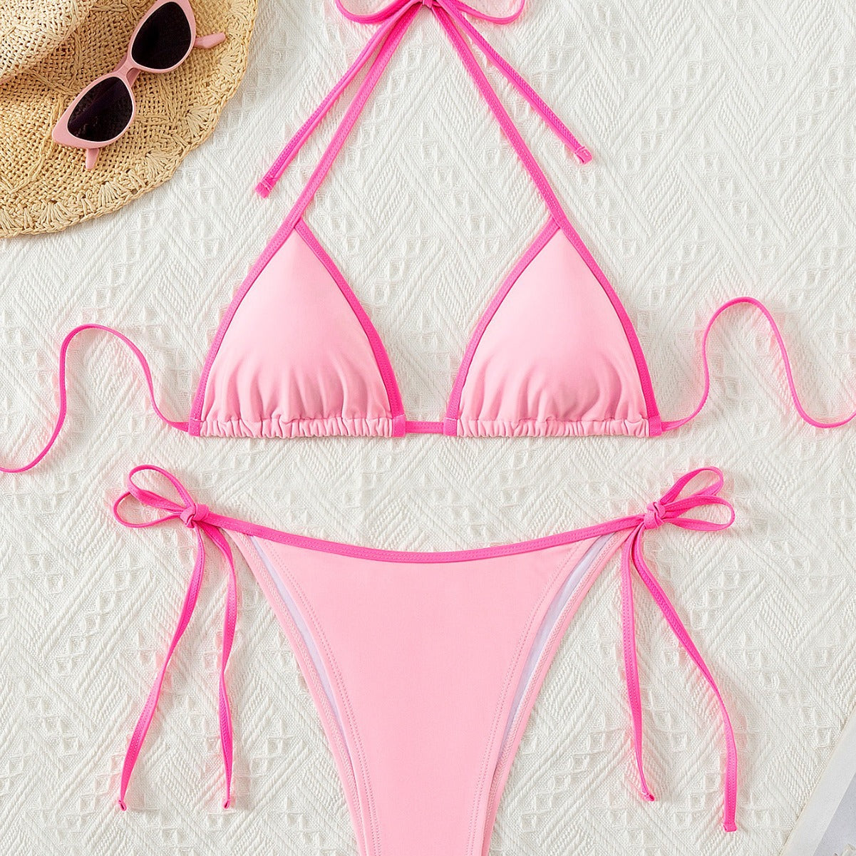 Contrasting-color printed lace-up sexy two-piece swimsuit
