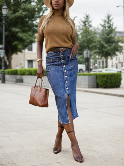 2025 SpringSummer New Women's Elastic Denim Large Size Medium Long Skirt, Casual Blue Large Size Denim Skirt, Split Denim Dress by Glamytek